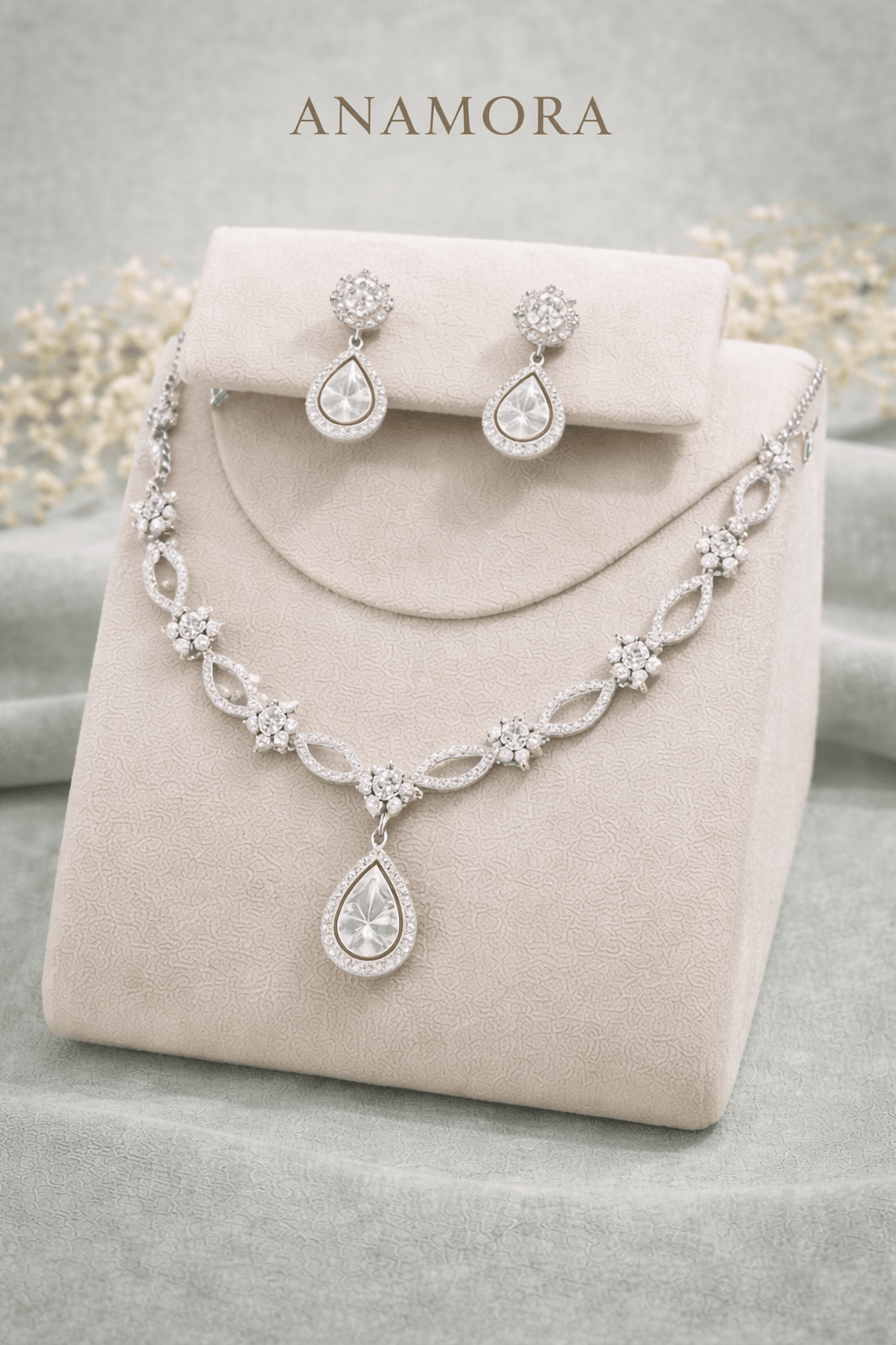 American Diamond CZ Necklace Set with Earrings | Anti - Tarnish - Anamora