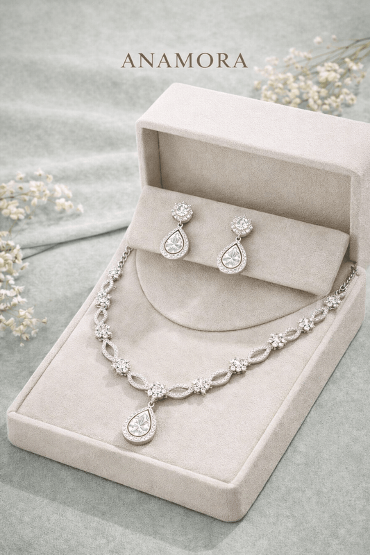 American Diamond CZ Necklace Set with Earrings | Anti - Tarnish - Anamora