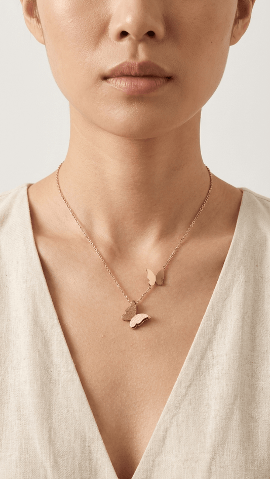 Double Butterfly Necklace | Rose Gold | Anti - Tarnish | Minimal Jewelry - Anamora