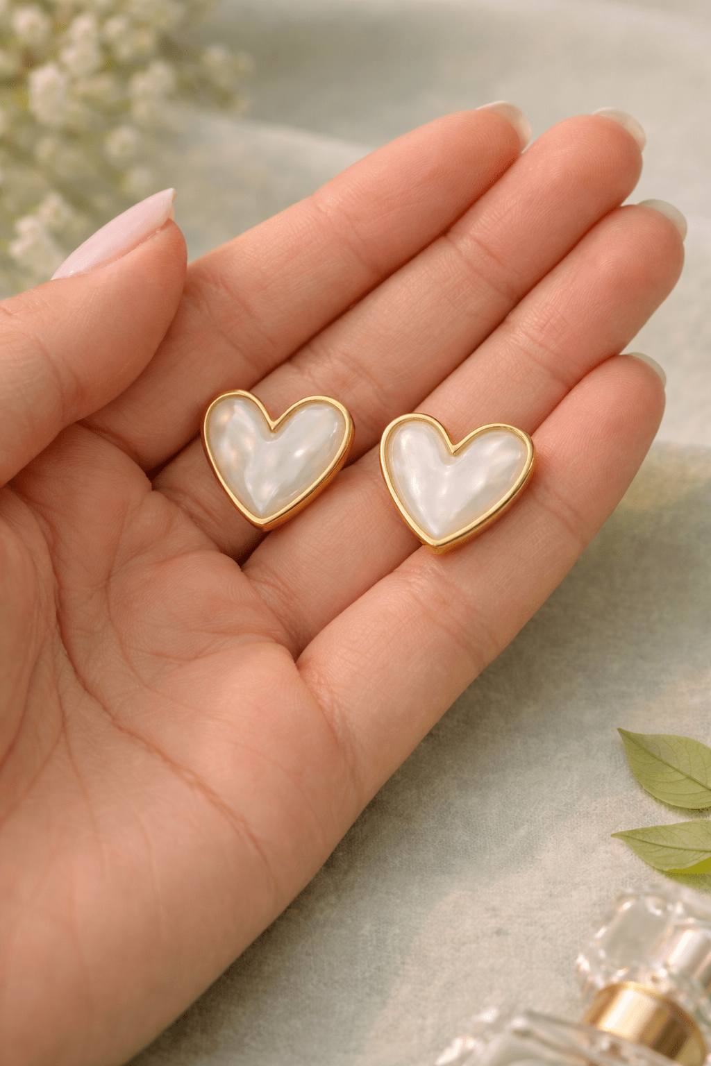 Heart Stud Earrings for Women | Gold Mother of Pearl Heart Earrings Anti - Tarnish Waterproof Hypoallergenic - Anamora