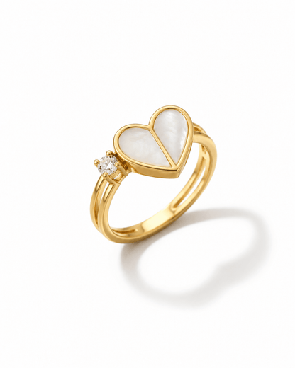 18K Gold Plated Heart Mother of Pearl Ring with Diamond Accent – Minimalist Handcrafted Promise Ring - Anamora