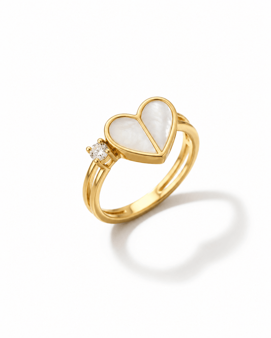 18K Gold Plated Heart Mother of Pearl Ring with Diamond Accent – Minimalist Handcrafted Promise Ring - Anamora