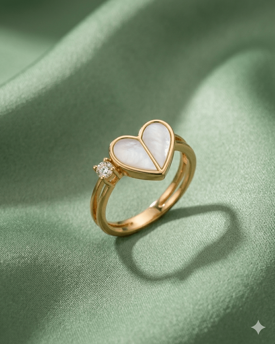 18K Gold Plated Heart Mother of Pearl Ring with Diamond Accent – Minimalist Handcrafted Promise Ring for Her - Anamora