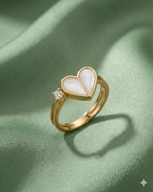 18K Gold Plated Heart Mother of Pearl Ring with Diamond Accent – Minimalist Handcrafted Promise Ring for Her - Anamora