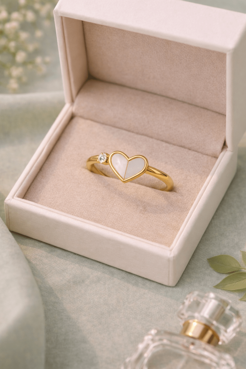 18K Gold Plated Heart Mother of Pearl Ring with Diamond Accent – Minimalist Handcrafted Promise Ring for Her - Anamora