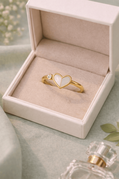 18K Gold Plated Heart Mother of Pearl Ring with Diamond Accent – Minimalist Handcrafted Promise Ring for Her - Anamora