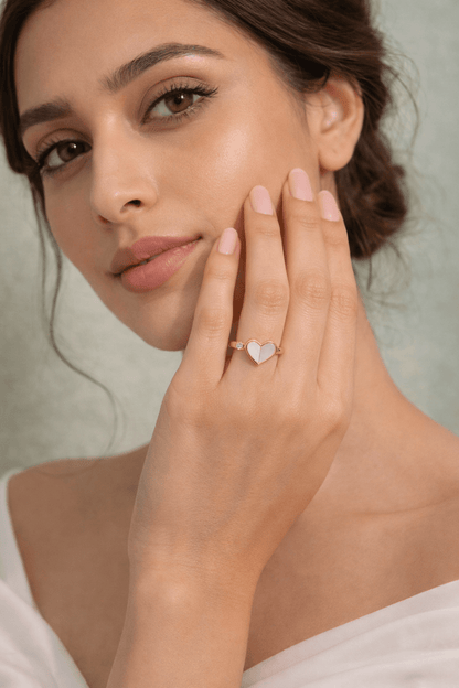 18K Gold Plated Heart Mother of Pearl Ring with Diamond Accent – Minimalist Handcrafted Promise Ring for Her - Anamora