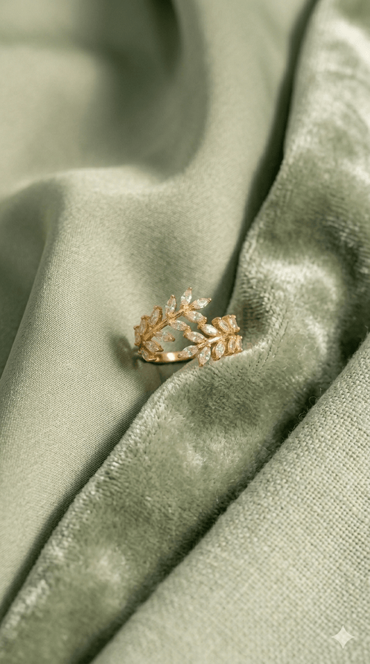 18K Gold Plated Marquise Leaf Vine Ring | Nature - Inspired Sparkling Laurel Statement Jewelry| Anti - Tarnish Waterproof - Anamora