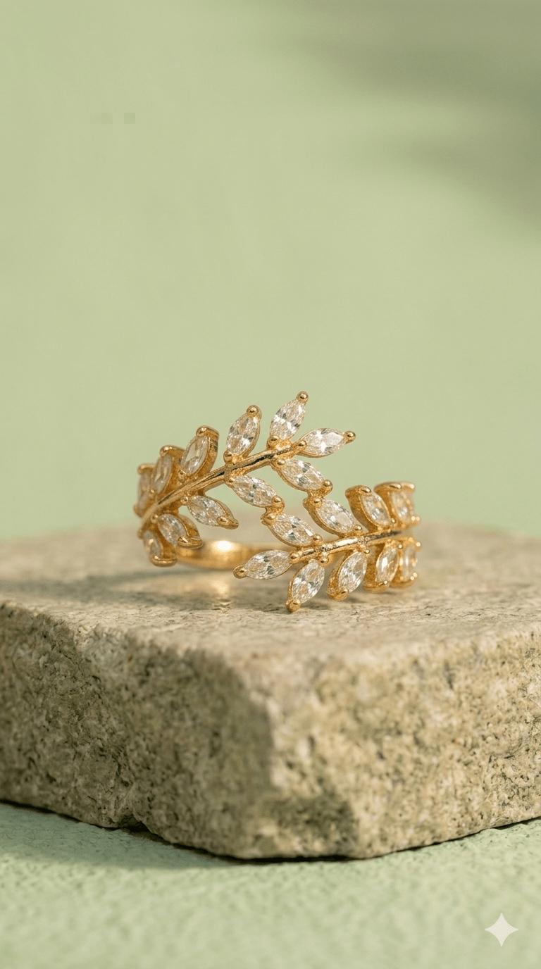 18K Gold Plated Marquise Leaf Vine Ring | Nature - Inspired Sparkling Laurel Statement Jewelry| Anti - Tarnish Waterproof - Anamora