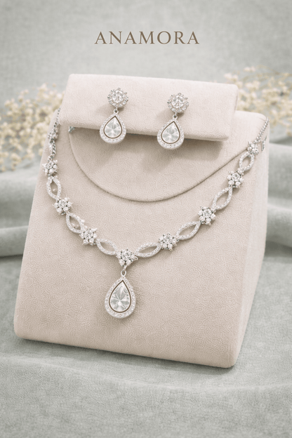 American Diamond CZ Necklace Set with Earrings | Anti - Tarnish - Anamora