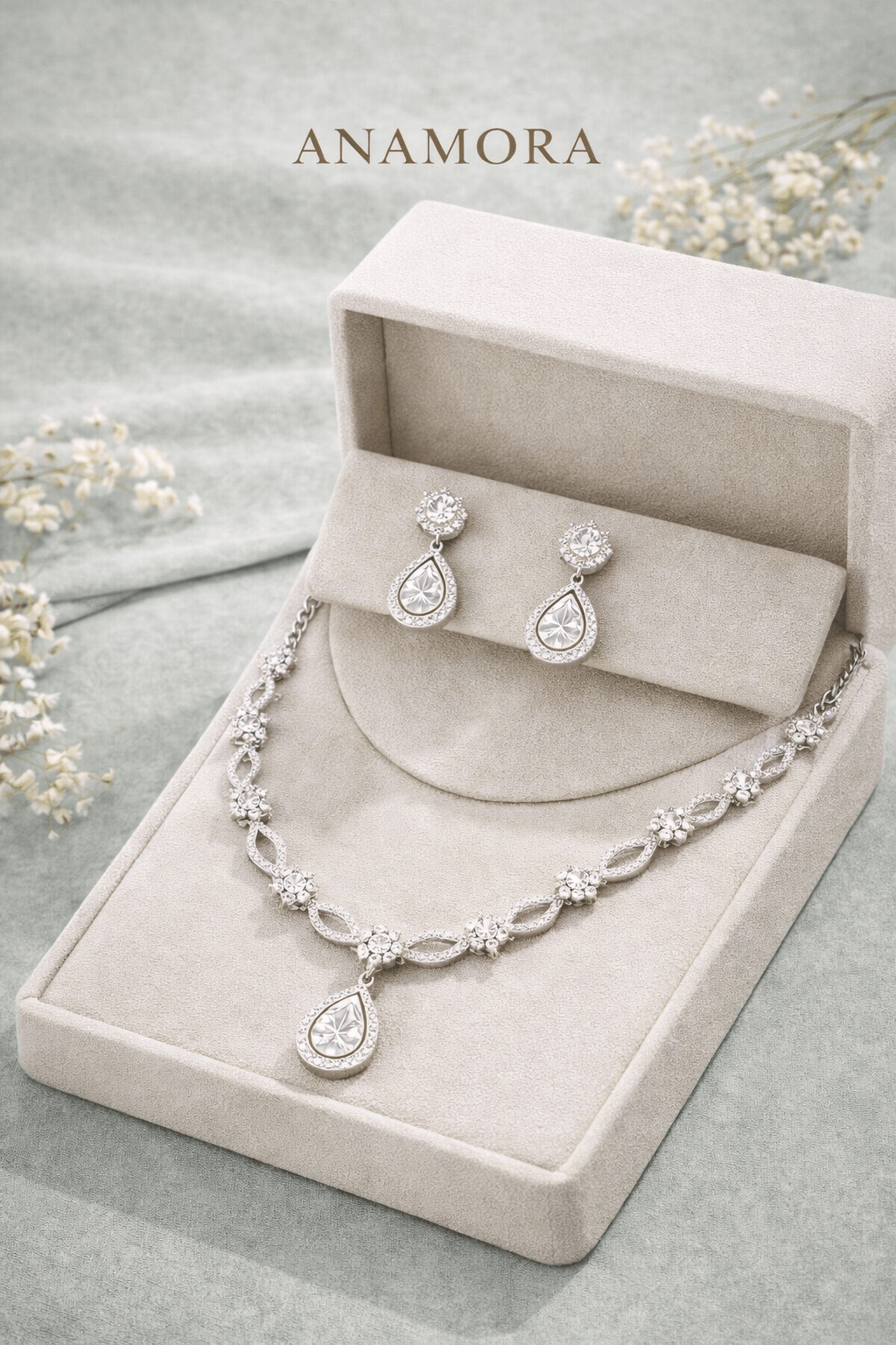 American Diamond CZ Necklace Set with Earrings | Anti - Tarnish - Anamora