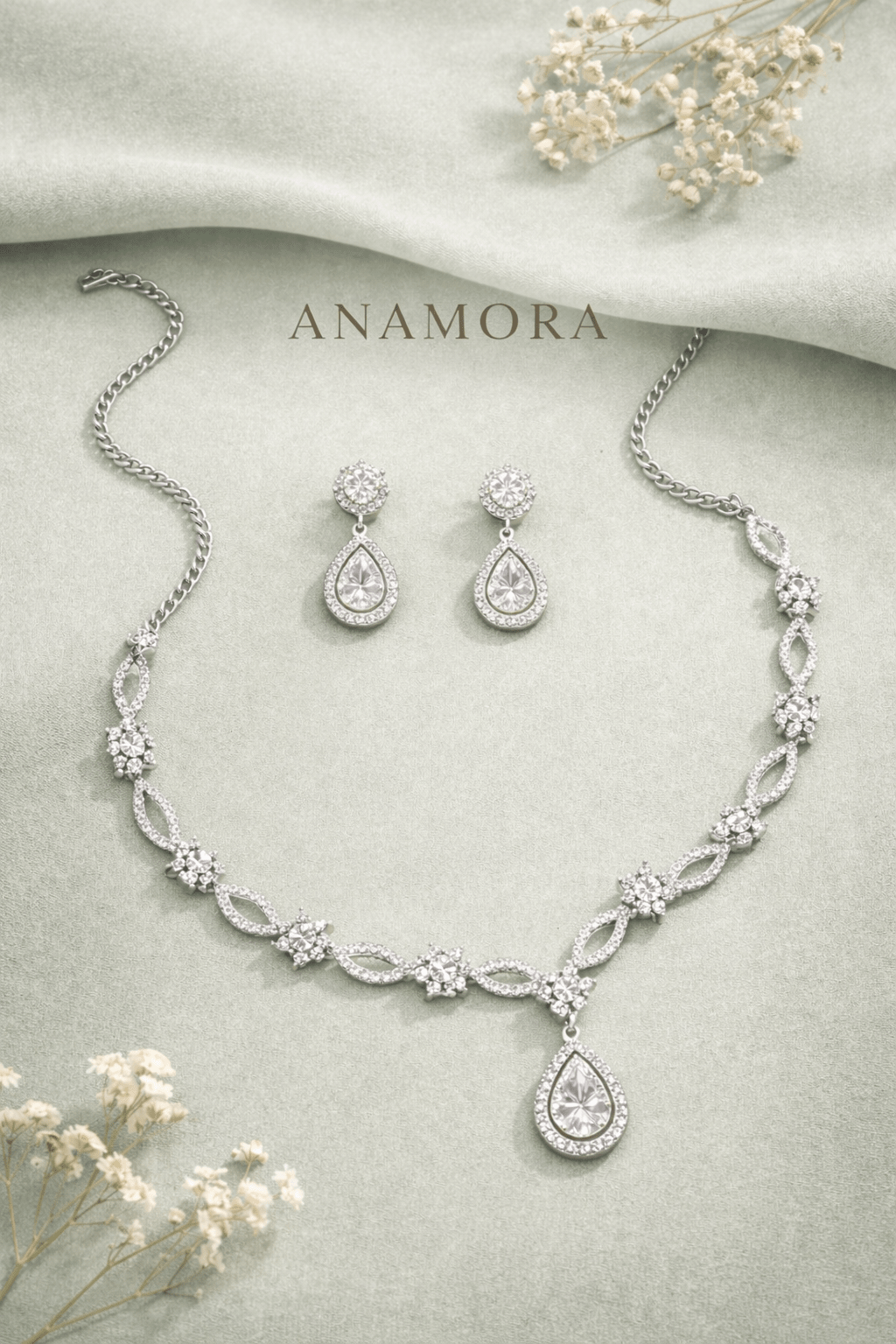 American Diamond CZ Necklace Set with Earrings | Anti - Tarnish - Anamora