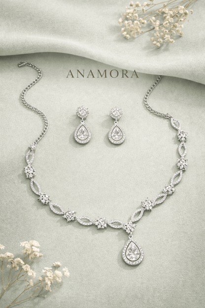 American Diamond CZ Necklace Set with Earrings | Anti - Tarnish - Anamora