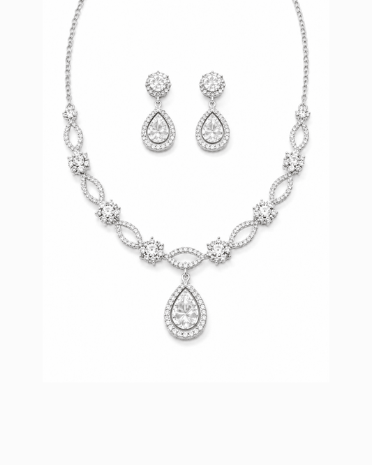 American Diamond CZ Necklace Set with Earrings | Anti - Tarnish waterproof jewelry for her - Anamora