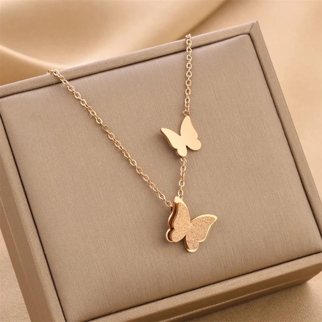 Double Butterfly Necklace | Rose Gold | Anti - Tarnish | Minimal Jewelry - Anamora
