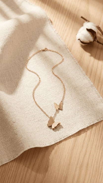 Double Butterfly Necklace | Rose Gold | Anti - Tarnish | Minimal Jewelry - Anamora