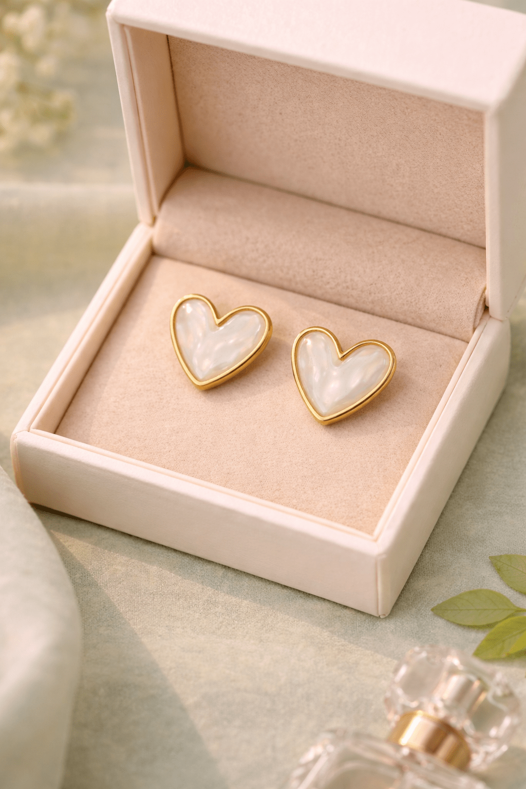 Heart Stud Earrings for Women | Gold Mother of Pearl Heart Earrings Anti - Tarnish Waterproof Hypoallergenic - Anamora