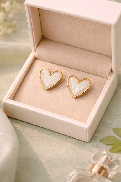 Heart Stud Earrings for Women | Gold Mother of Pearl Heart Earrings Anti - Tarnish Waterproof Hypoallergenic - Anamora