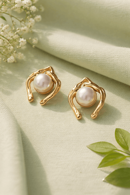 Pearl Stud Earrings for Women | Anti - Tarnish Gold Abstract Frame Pearl Earrings Waterproof Hypoallergenic - Anamora