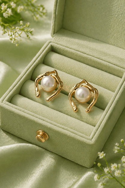 Pearl Stud Earrings for Women | Anti - Tarnish Gold Abstract Frame Pearl Earrings Waterproof Hypoallergenic - Anamora