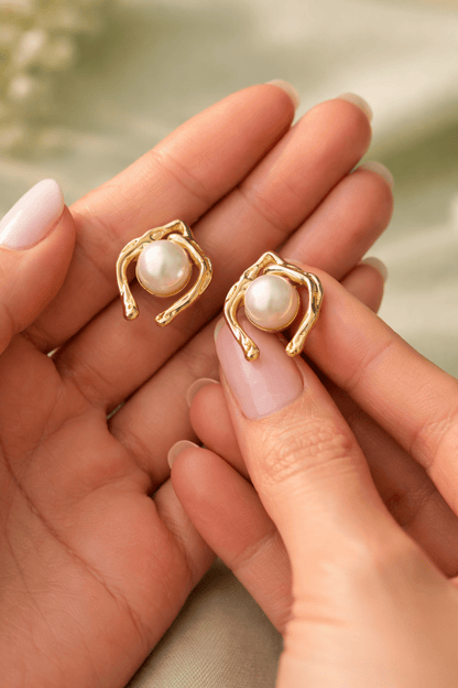 Pearl Stud Earrings for Women | Anti - Tarnish Gold Abstract Frame Pearl Earrings Waterproof Hypoallergenic - Anamora