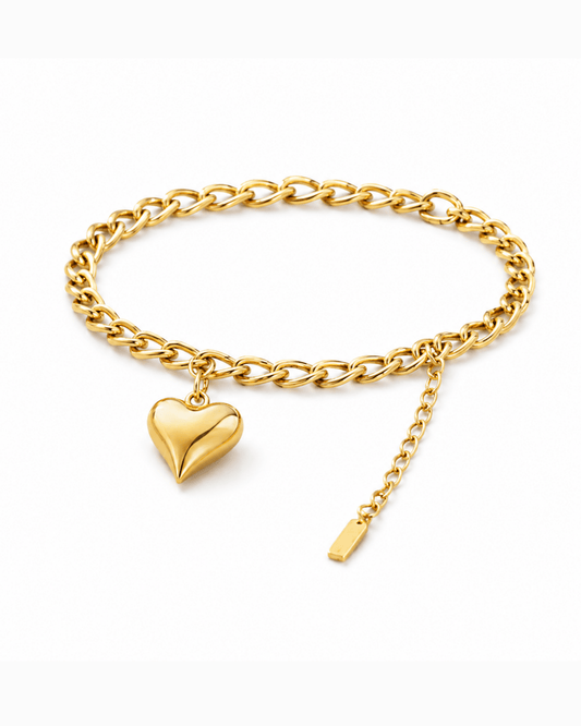 Puffy Heart Charm Bracelet for Women | Anti - Tarnish Waterproof Gold - Plated Cuban Chain Bracelet - Anamora