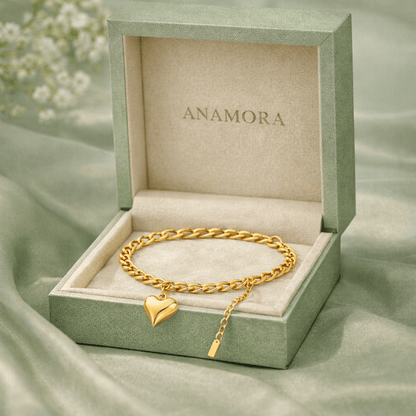 Puffy Heart Charm Bracelet for Women | Anti - Tarnish Waterproof Gold - Plated Cuban Chain Bracelet - Anamora
