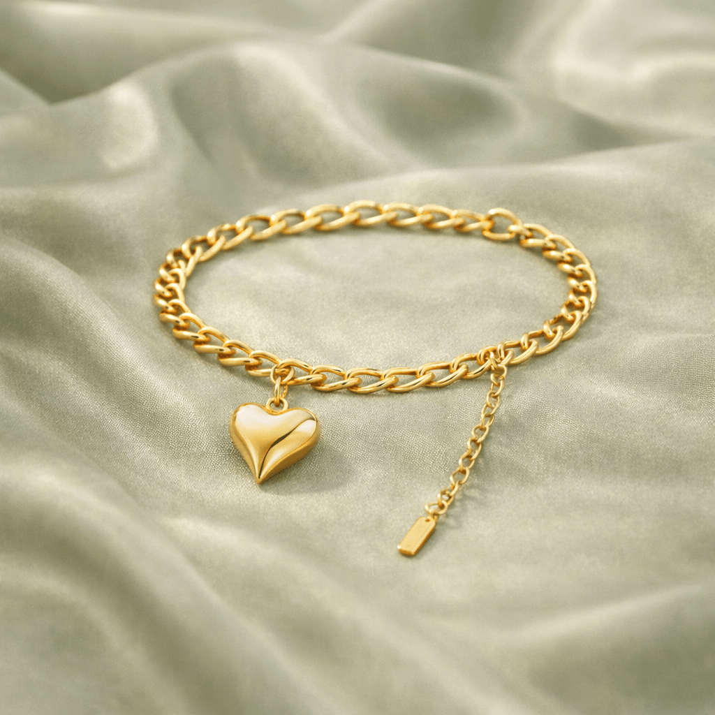 Puffy Heart Charm Bracelet for Women | Anti - Tarnish Waterproof Gold - Plated Cuban Chain Bracelet - Anamora