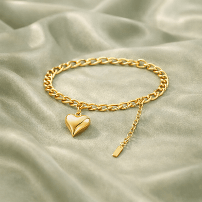 Puffy Heart Charm Bracelet for Women | Anti - Tarnish Waterproof Gold - Plated Cuban Chain Bracelet - Anamora