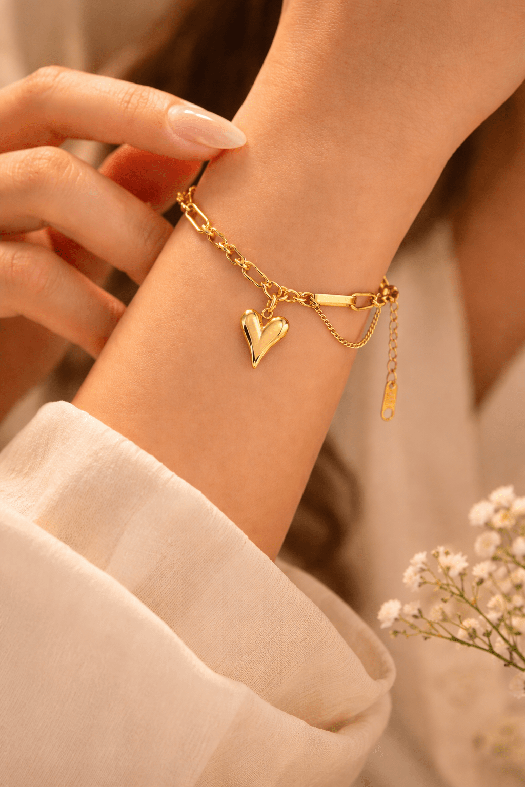 Puffy Heart Charm Bracelet for Women | Anti - Tarnish Waterproof Gold - Plated Cuban Chain Bracelet - Anamora