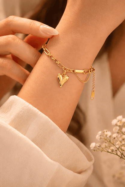 Puffy Heart Charm Bracelet for Women | Anti - Tarnish Waterproof Gold - Plated Cuban Chain Bracelet - Anamora