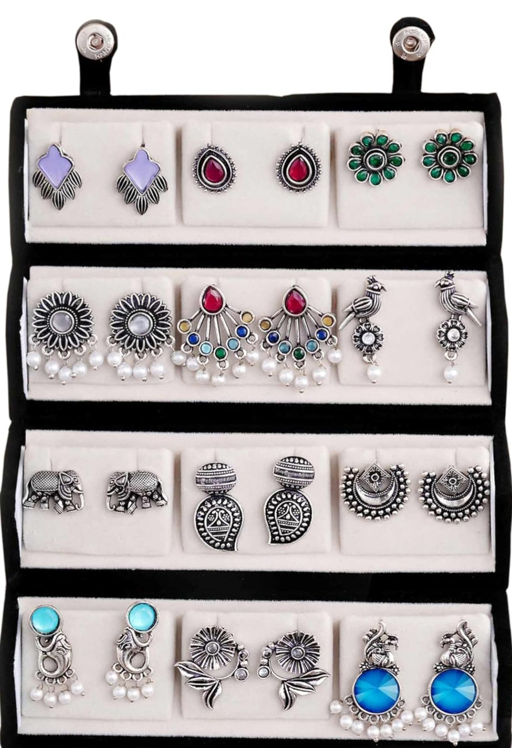 Anamora's Oxidized Designer Stud Earrings Set of 12 with Folding Jewelry Box | Traditional & Modern Earring Set for Women & Girls