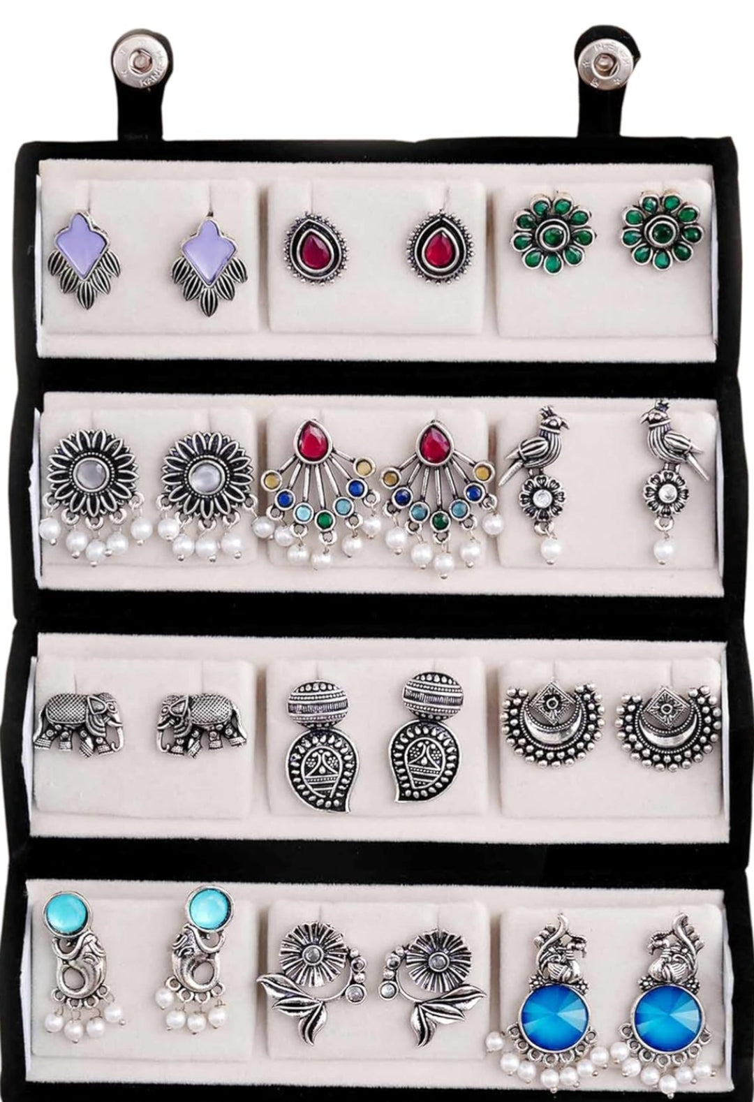 Anamora's Oxidized Designer Stud Earrings Set of 12 with Folding Jewelry Box | Traditional & Modern Earring Set for Women & Girls