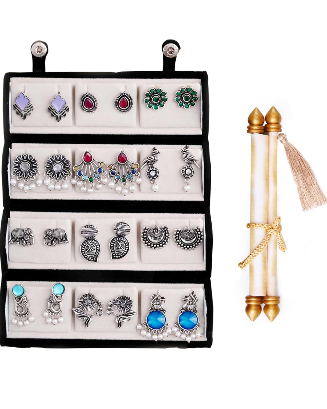 Anamora's Oxidized Designer Stud Earrings Set of 12 with Folding Jewelry Box | Traditional & Modern Earring Set for Women & Girls