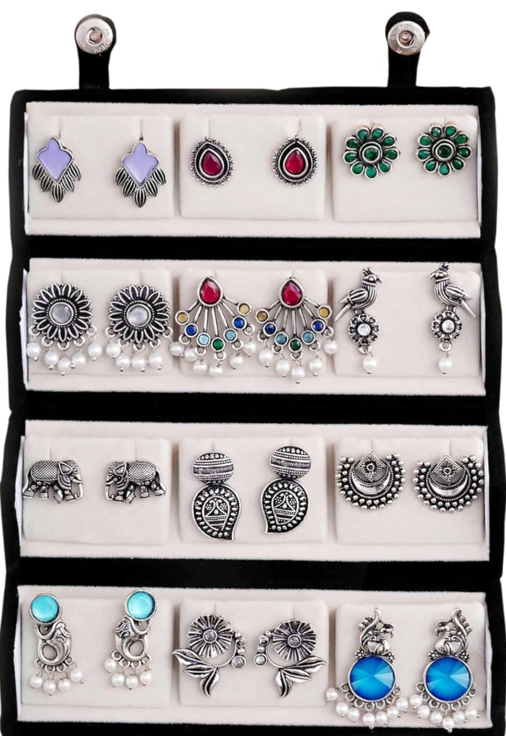 Anamora's Oxidized Designer Stud Earrings Set of 12 with Folding Jewelry Box | Traditional & Modern Earring Set for Women & Girls