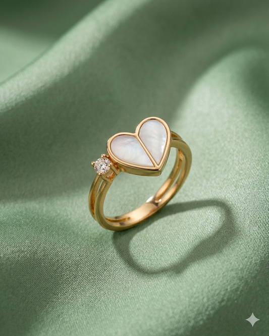 18K Gold Plated Heart Mother of Pearl Ring with Diamond Accent – Minimalist Handcrafted Promise Ring for Her - Anamora
