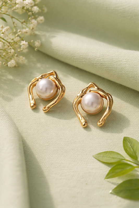 Pearl Stud Earrings for Women | Anti-Tarnish Gold Abstract Frame Pearl Earrings  Waterproof Hypoallergenic - Anamora