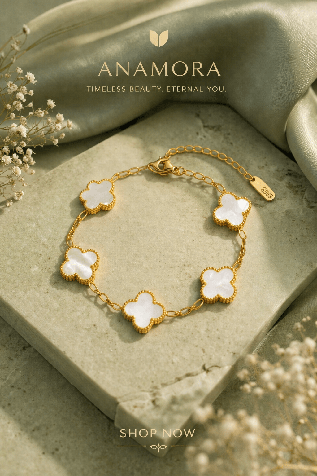 White Clover Bracelet for Women | Anti - Tarnish Waterproof Gold - Plated 5 - Motif Chain Bracelet - Anamora
